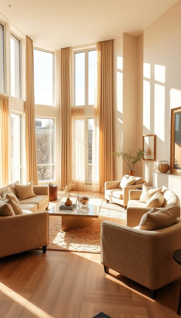 A spacious and luminous beige-toned living room, bathed in warm natural light streaming through large windows. Plush beige sofas and armchairs arranged in a cozy conversation area, complemented by a sleek, minimalist coffee table. Soft, textured rugs and curtains in complementary neutral hues add depth and dimension. Carefully curated wall decor, such as framed art and mirrors, reflect the natural light, amplifying the sense of openness and tranquility. Gentle shadows cast by the sunlight create a serene, calming atmosphere, elevating the elegant, sophisticated ambiance of the space.
