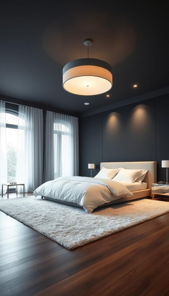 A spacious and serene dark bedroom with a minimalist modern design. The room features a large window that allows soft, diffused natural light to filter in, creating a cozy and airy ambiance. The walls are painted in a deep charcoal gray, contrasted by a plush, oversized king-size bed with crisp white bedding. Sheer white curtains gently billow, adding a sense of lightness. Strategically placed recessed lighting casts a warm, subtle glow, while a large, circular pendant lamp provides a focal point. The hardwood flooring is covered by a thick, luxurious area rug in a complementary neutral tone. Subtle metallic accents, such as a sleek side table and a mirrored dresser, add a touch of elegance. The overall design effortlessly blends sophistication and comfort, creating a serene and spacious retreat. A spacious and serene dark bedroom with a minimalist modern design. The room features a large window that allows soft, diffused natural light to filter in, creating a cozy and airy ambiance. The walls are painted in a deep charcoal gray, contrasted by a plush, oversized king-size bed with crisp white bedding. Sheer white curtains gently billow, adding a sense of lightness. Strategically placed recessed lighting casts a warm, subtle glow, while a large, circular pendant lamp provides a focal point. The hardwood flooring is covered by a thick, luxurious area rug in a complementary neutral tone. Subtle metallic accents, such as a sleek side table and a mirrored dresser, add a touch of elegance. The overall design effortlessly blends sophistication and comfort, creating a serene and spacious retreat.