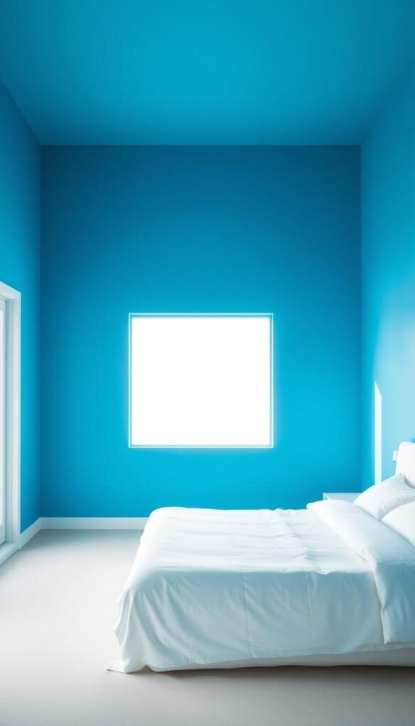 A spacious bedroom with vibrant azure blue painted walls, creating a serene and calming ambiance. The walls have a smooth, matte finish, with subtle brush strokes visible, adding depth and character. The lighting is soft and diffused, casting a warm, inviting glow throughout the room. The walls are the central focus, framing the rest of the bedroom's decor, which includes a minimalist white bed frame and bedding, complementing the blue tones. The overall atmosphere is one of tranquility and relaxation, perfect for creating a soothing and rejuvenating space.