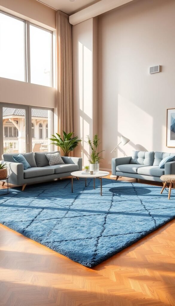 A spacious, contemporary living room with a large, plush blue area rug grounding the space. The rug features a subtle, geometric pattern that adds visual interest. Warm, natural lighting floods the room, casting a cozy glow. The rug defines the seating area, inviting visitors to sink into the comfortable, modern furniture. Soft, tufted sofas and armchairs in complementary shades of blue and gray surround the rug, creating a cohesive, calming palette. Potted plants and minimalist decor elements accent the space, adding organic touches. The overall atmosphere is one of relaxation and sophisticated style. A spacious, contemporary living room with a large, plush blue area rug grounding the space. The rug features a subtle, geometric pattern that adds visual interest. Warm, natural lighting floods the room, casting a cozy glow. The rug defines the seating area, inviting visitors to sink into the comfortable, modern furniture. Soft, tufted sofas and armchairs in complementary shades of blue and gray surround the rug, creating a cohesive, calming palette. Potted plants and minimalist decor elements accent the space, adding organic touches. The overall atmosphere is one of relaxation and sophisticated style.