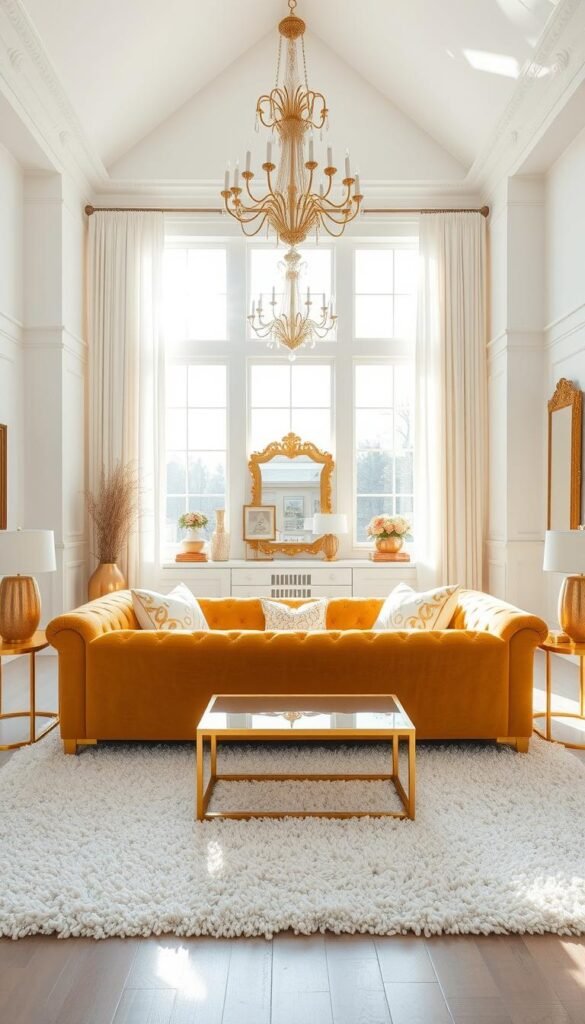 A spacious, high-ceilinged living room with a harmonious blend of gold and white textures. Sunlight streams through large windows, casting a warm, ethereal glow. The focal point is a luxurious gold-toned sofa, its plush velvet surface contrasting with a white shag rug beneath. Accenting the space are gold metallic side tables, a gold-framed mirror, and a gold chandelier overhead. White walls and curtains provide a clean backdrop, while gold-patterned throw pillows and a gold-trimmed coffee table introduce subtle visual interest. The room exudes an air of refined elegance, inviting visitors to relax and bask in the luxurious ambiance.