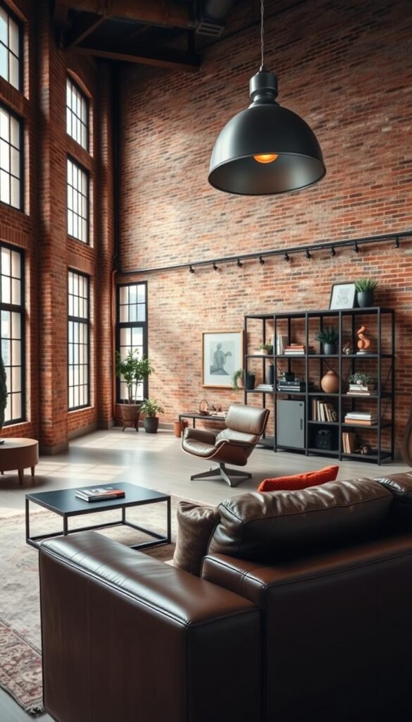 A spacious industrial-style living room with exposed brick walls, high ceilings, and large windows that flood the space with natural light. In the foreground, a plush leather sofa and a vintage coffee table with a metal frame. Across the room, a mid-century modern armchair and a sleek, minimalist shelving unit displaying decorative elements like plants, books, and industrial-inspired artwork. The lighting features a large pendant lamp with a metal shade, casting a warm glow across the room. The overall mood is one of sophistication and relaxed elegance, with a harmonious blend of rustic and contemporary elements.