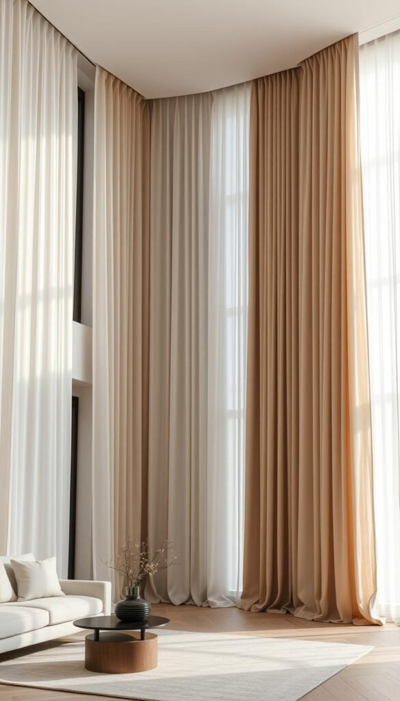 A spacious living room with high-hung, gossamer-thin neutral curtains that create an illusion of ceiling height. The curtains cascade gracefully from a discreet rod high above, their delicate folds catching the soft, diffused light from large windows. A minimalist, contemporary aesthetic pervades the space, with clean lines, muted tones, and a sense of serene sophistication. The curtains appear to almost float, gently billowing in a subtle breeze and drawing the eye upward, amplifying the room's vertical dimensions. An inviting, tranquil atmosphere that exemplifies how high-hung, neutral curtains can elevate and lengthen a living space.