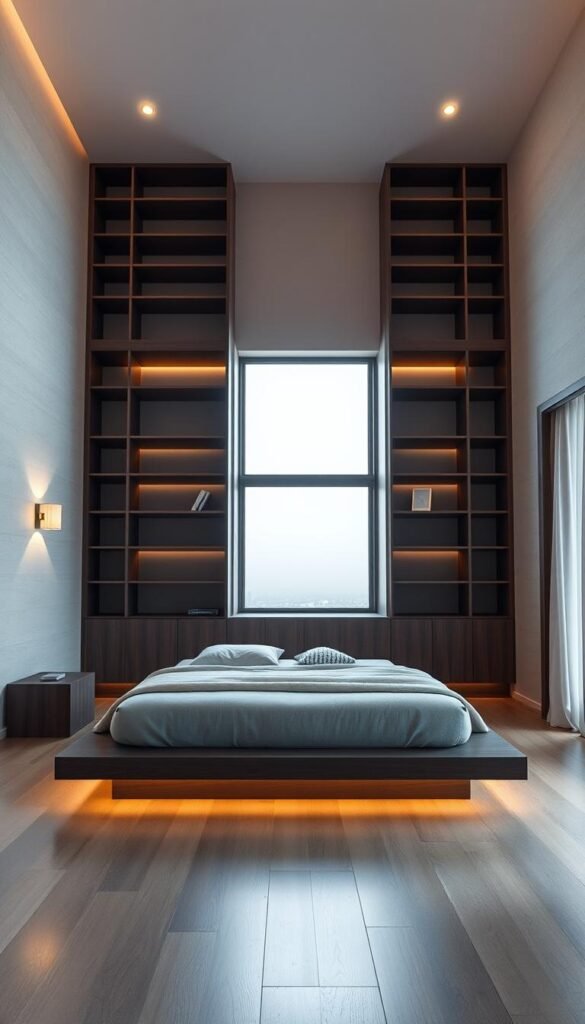 A spacious, minimalist bedroom interior with a focus on vertical design elements. In the foreground, a sleek, floating platform bed with plush bedding and a simple nightstand. The middle ground showcases a full-height, floor-to-ceiling bookshelf or storage unit, drawing the eye upward. Soft, warm lighting from sconces and a large window casts a gentle glow, creating a serene and calming atmosphere. The background features a neutral-toned, textured wall, emphasizing the clean, uncluttered aesthetic. The overall composition highlights the efficient use of vertical space and creates a visually striking, modern bedroom design. A spacious, minimalist bedroom interior with a focus on vertical design elements. In the foreground, a sleek, floating platform bed with plush bedding and a simple nightstand. The middle ground showcases a full-height, floor-to-ceiling bookshelf or storage unit, drawing the eye upward. Soft, warm lighting from sconces and a large window casts a gentle glow, creating a serene and calming atmosphere. The background features a neutral-toned, textured wall, emphasizing the clean, uncluttered aesthetic. The overall composition highlights the efficient use of vertical space and creates a visually striking, modern bedroom design.