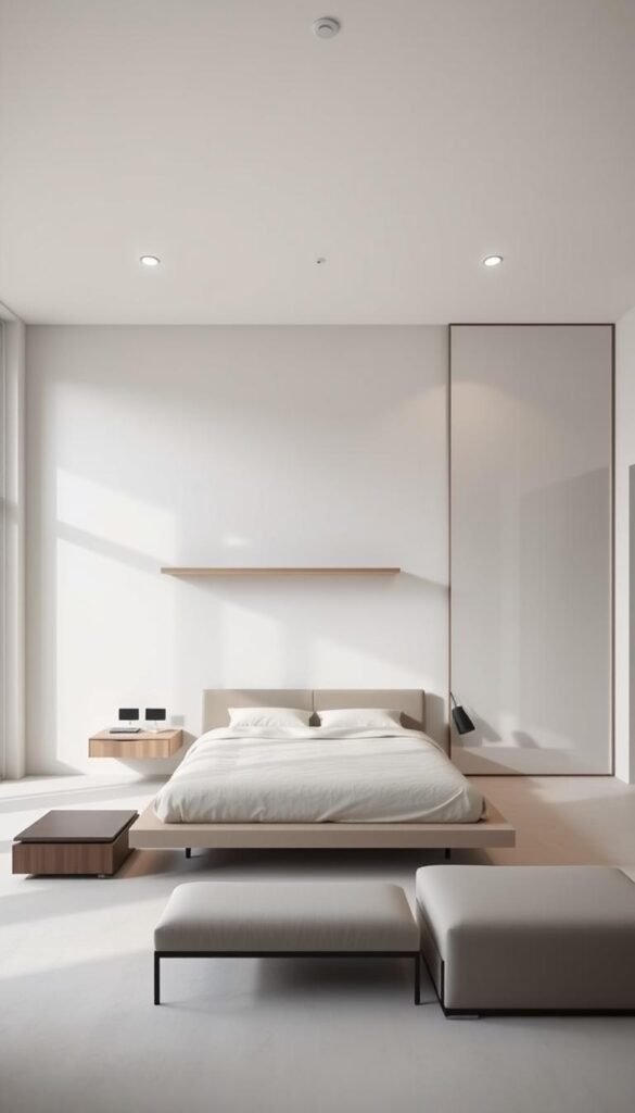 A spacious, minimalist bedroom interior with furniture that visually expands the space. In the center, a low-profile platform bed with a floating nightstand and a wall-mounted floating shelf above. Soft, indirect lighting from recessed ceiling fixtures and a large, frameless mirror on the adjacent wall, reflecting the room and creating an illusion of depth. The furniture features clean lines and a monochromatic color scheme, blending seamlessly with the neutral walls. The overall atmosphere is serene, calming, and uncluttered, emphasizing the sense of openness and airiness.