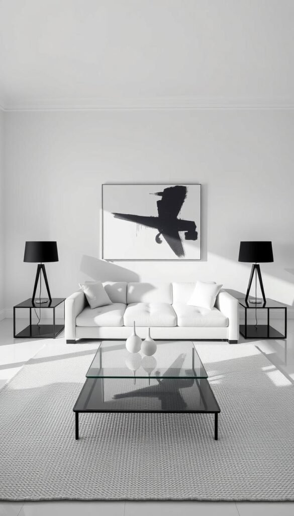A spacious, minimalist living room with a striking black and white color scheme. The room features a large, plush white sofa positioned in the center, flanked by sleek black side tables and a modern glass coffee table. The walls are painted in a crisp, monochromatic palette, creating a serene and tranquil atmosphere. Soft, diffused lighting from a pair of angular, black floor lamps illuminates the space, casting dramatic shadows and highlighting the clean lines of the furniture. The room is accented by a few carefully selected decor pieces, such as a large, abstract black and white art piece on the wall and a textured white rug underfoot. The overall effect is one of sophisticated elegance and timeless style.