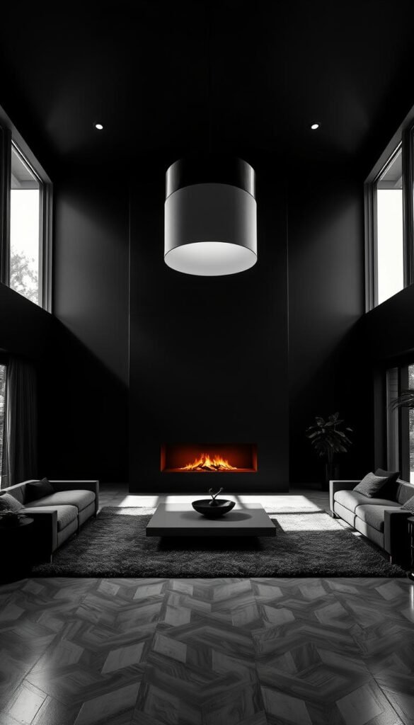 A spacious, modern living room bathed in dramatic monochrome lighting. The focal point is a sleek, minimalist fireplace casting a warm, moody glow across the clean-lined furniture. Overhead, a large pendant light fixture creates a mesmerizing play of shadows, illuminating the room with a soft, diffused radiance. The walls are painted in a deep, inky black, accentuating the interplay of light and shadow. The floor is covered in a plush, gray area rug, adding a touch of tactile contrast. Large windows allow natural daylight to filter in, creating a harmonious balance between natural and artificial lighting. The overall atmosphere is one of understated elegance, where the power of monochrome lighting elevates the timeless, minimalist design.