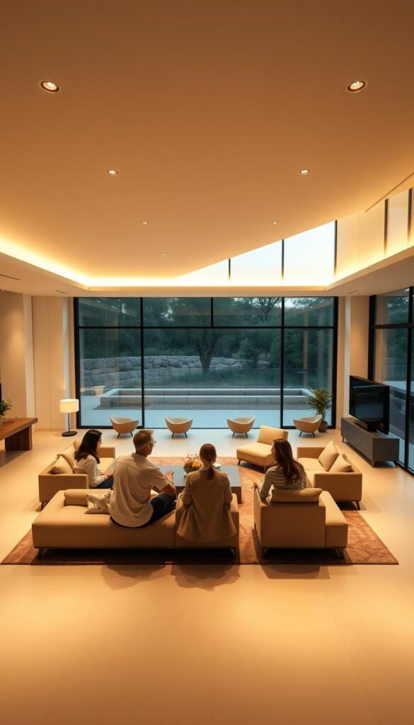 A spacious open-plan living room filled with a sense of fluidity and movement. In the foreground, a family gathered around a low coffee table, their forms blending seamlessly as they converse and interact. The middle ground showcases a minimalist sofa and chairs arranged in a dynamic, asymmetrical layout, encouraging a natural flow of movement. Indirect lighting from recessed fixtures and large windows bathe the scene in a warm, golden glow, casting soft shadows that accentuate the graceful contours of the furniture. In the background, the room opens up to a panoramic view of the outdoors, inviting the eye to wander and the body to follow, creating a harmonious connection between interior and exterior spaces.