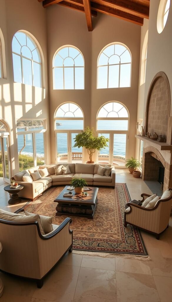 A spacious, sun-drenched Mediterranean living room with high, arched windows overlooking a tranquil coastal landscape. The space is filled with an abundance of natural light, casting a warm, golden glow across the elegant, yet comfortable furnishings. A plush, L-shaped sofa in a soft, neutral tone sits at the center, flanked by intricate, hand-woven rugs and a pair of matching armchairs. A large, carved wooden coffee table anchors the seating area, adorned with lush, potted greenery and a scattering of decorative objects. The walls are finished in a soft, earthy plaster, complemented by exposed beams and a grand, stone fireplace in the corner. The overall atmosphere exudes a sense of timeless sophistication and effortless, coastal charm.