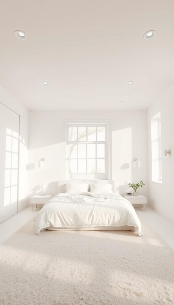 A spacious, sun-drenched bedroom with pristine white walls and a carefully curated lighting layout. Soft, diffused natural light filters in through large windows, casting a warm, ethereal glow throughout the room. Minimal yet thoughtful lighting fixtures, such as recessed ceiling lights and wall sconces, create an inviting ambiance and highlight the clean architectural lines. The floor is covered in a plush, light-colored rug, seamlessly blending with the airy, minimalist aesthetic. An atmosphere of tranquility and serenity pervades the space, making it the perfect canvas for a serene and rejuvenating bedroom retreat.