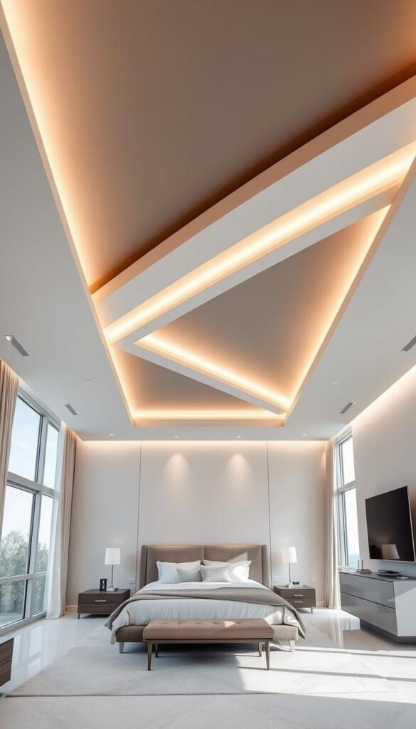 A spacious, well-lit modern bedroom with a focus on the ceiling design. The room features clean lines, neutral tones, and minimalist furnishings, creating a serene and sophisticated atmosphere. The ceiling is the centerpiece, showcasing a sleek, geometric pattern that adds visual interest and dimension to the space. Soft, indirect lighting from recessed fixtures and concealed cove lighting accentuates the architectural details, casting a warm glow throughout the room. The ceiling height is emphasized, with the design drawing the eye upward, creating a sense of openness and depth. Expansive windows allow natural light to flood the room, further enhancing the airy, sophisticated ambiance.