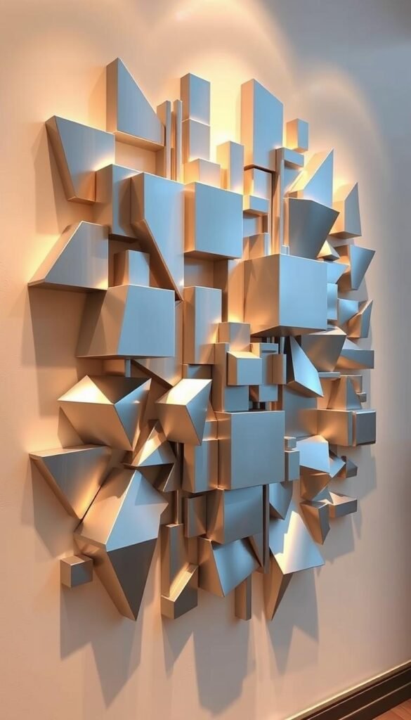 A striking 3D wall sculpture composed of geometric shapes and forms, creating an illusion of depth and dimension. The artwork features clean, minimalist lines and angles, cast in a metallic silver hue that reflects the warm, ambient lighting. The pieces are artfully arranged to produce a captivating visual interplay, with some elements protruding outwards while others recede into the background, drawing the viewer's eye through the intricate composition. The overall effect is one of modern elegance and sophisticated architectural style, perfectly suited to accentuate a luxurious living room setting. A striking 3D wall sculpture composed of geometric shapes and forms, creating an illusion of depth and dimension. The artwork features clean, minimalist lines and angles, cast in a metallic silver hue that reflects the warm, ambient lighting. The pieces are artfully arranged to produce a captivating visual interplay, with some elements protruding outwards while others recede into the background, drawing the viewer's eye through the intricate composition. The overall effect is one of modern elegance and sophisticated architectural style, perfectly suited to accentuate a luxurious living room setting.