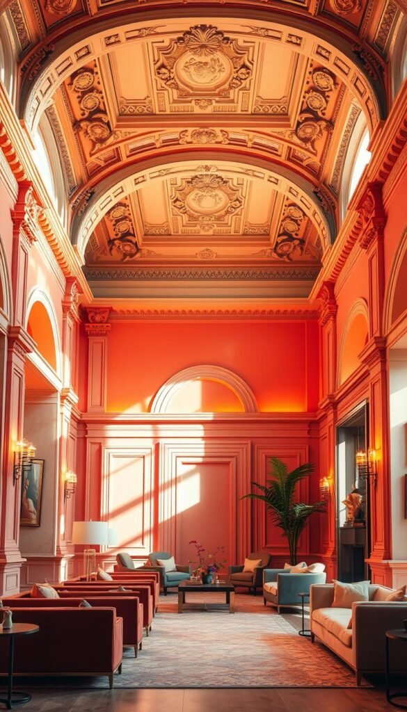 A striking architectural interior, bathed in warm, vibrant hues. Intricate moldings and ornate detailing along the walls and ceiling, enhanced by dramatic lighting that casts dramatic shadows. Sleek, modern furniture and fixtures provide a stylish contrast, while plush textiles and soft, muted tones create a cozy, inviting atmosphere. The space exudes a sense of refined elegance and timeless sophistication, showcasing how bold, carefully curated color can breathe new life into a classic design.