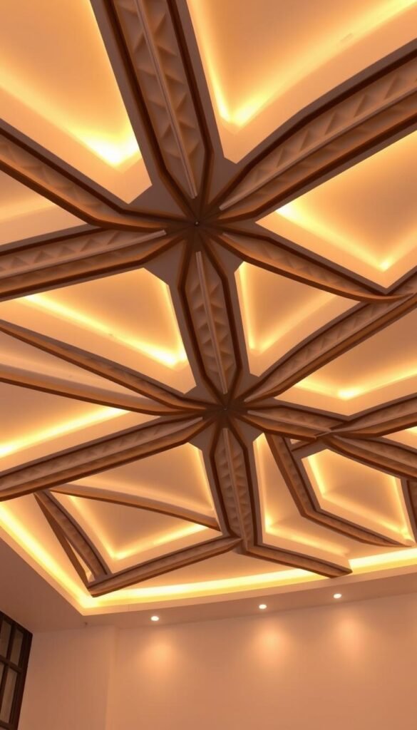 A striking geometric pattern adorns the pop ceiling, featuring a captivating interplay of interlocking shapes and sharp angles. The design exudes a sense of contemporary elegance, with clean lines and a crisp, minimalist aesthetic. Warm, diffused lighting casts a gentle glow, accentuating the intricate textures and creating a harmonious ambiance. The overall composition conveys a refined, sophisticated atmosphere, perfectly suited for a stylish living room setting.