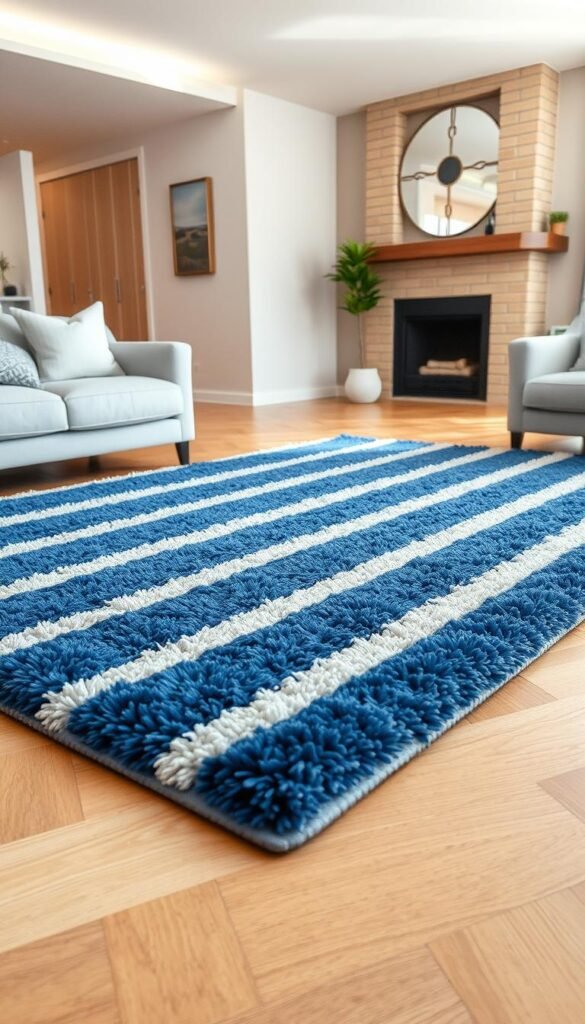 A stunning, high-quality photograph of a luxurious blue and white striped area rug with a plush, soft texture. The rug is positioned in a well-lit, modern living room setting, with clean lines and warm, earthy tones. The lighting is soft and diffused, creating a cozy, inviting atmosphere. The rug takes center stage, its bold, eye-catching stripes commanding attention and adding a touch of sophisticated style to the space. The camera angle is slightly elevated, allowing the viewer to fully appreciate the intricate pattern and luxurious feel of the rug. The overall composition is balanced and harmonious, showcasing the rug as the focal point of the room.