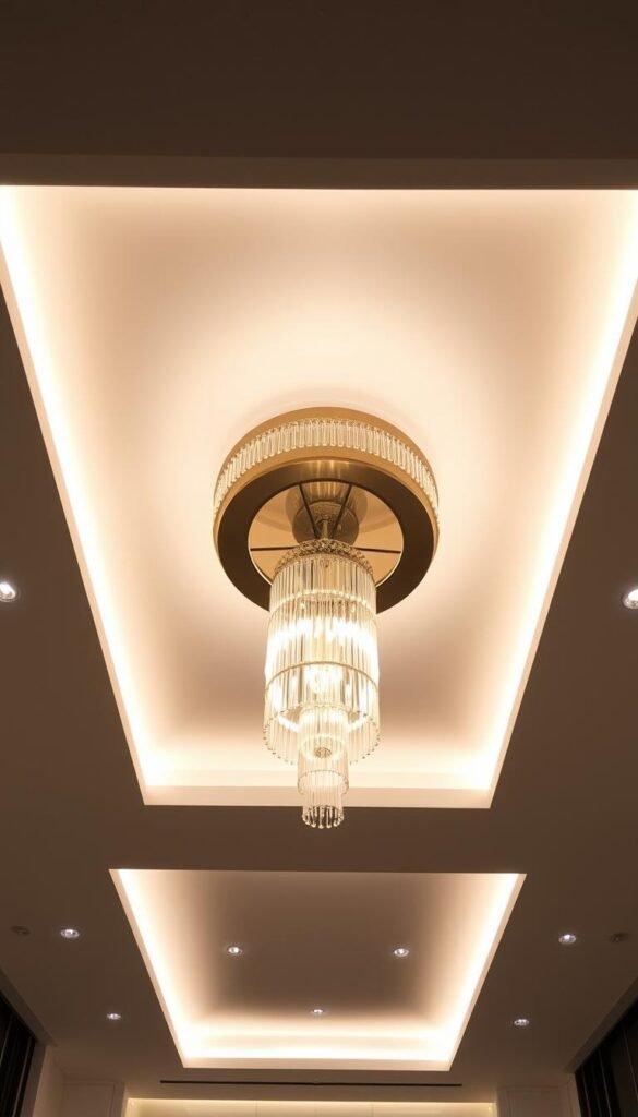 A stunning layered ceiling lighting design, featuring a central statement chandelier surrounded by recessed downlights and concealed LED strips. The chandelier casts a warm, ambient glow, while the recessed lights provide focused illumination, creating depth and visual interest. Sleek, minimalist fixtures blend seamlessly into the clean, modern ceiling architecture. The overall effect is one of luxurious sophistication, with layers of light that subtly draw the eye upward, elevating the entire space. Soft shadows and highlights accentuate the architectural details, resulting in a captivating, high-end aesthetic.