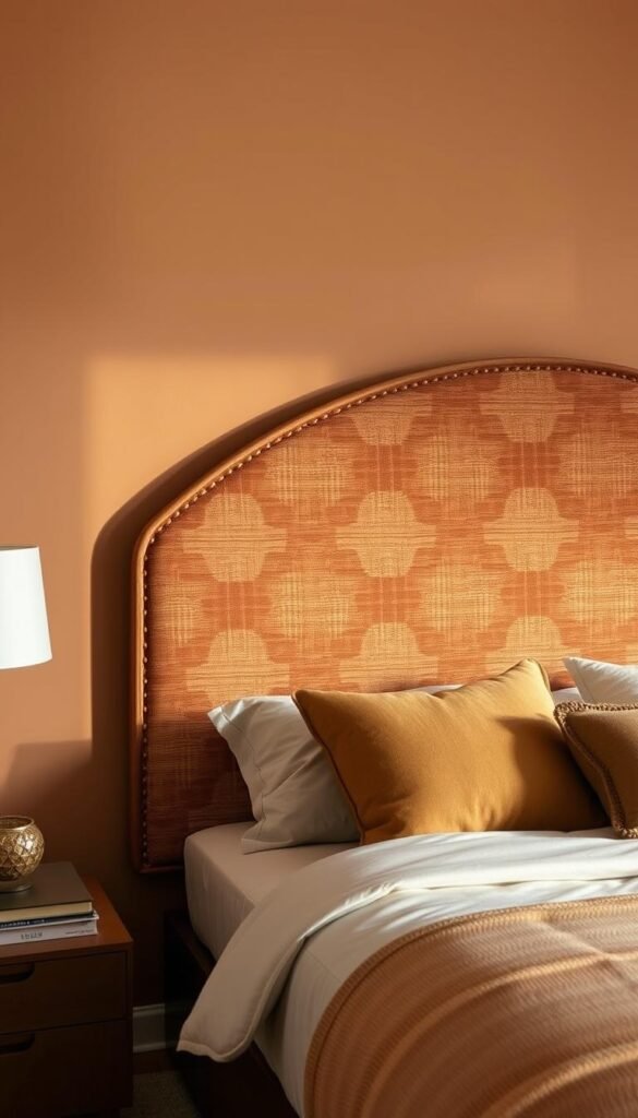 A stunning midcentury modern statement headboard design, showcasing a dramatic, geometric pattern in shades of warm earth tones. The headboard is positioned against a warm, neutral-toned wall, creating a cozy and inviting atmosphere. The lighting is soft and diffused, highlighting the textural details of the headboard's design. The overall composition is balanced and visually striking, perfectly complementing the midcentury modern aesthetic of the bedroom. The image is captured at a slightly elevated angle, providing a clear view of the headboard's striking visual impact.