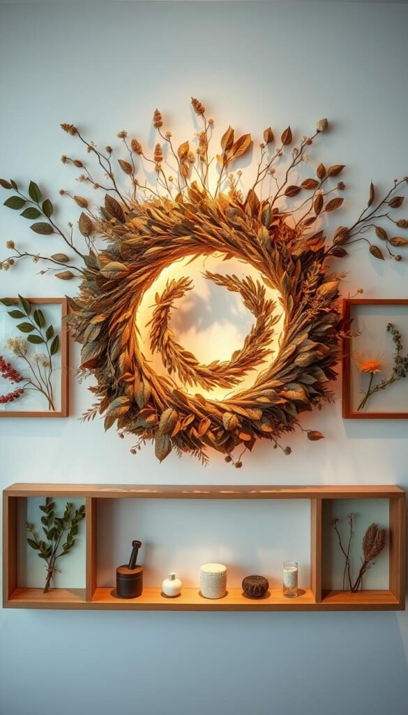 A stunning natural wall display featuring an artful arrangement of leaves, branches, and botanicals. The centerpiece is a large, lush wreath woven from earthy tones and textures, illuminated by soft, warm lighting that casts a gentle glow. Surrounding the wreath are delicate, hand-pressed floral panels framed in natural wood, complemented by a trio of floating shelves displaying an array of organic objects and found treasures. The overall composition has a serene, meditative quality, evoking a sense of connection to the natural world. Captured with a wide-angle lens, the image has a sense of depth and balance, inviting the viewer to step into this tranquil, nature-inspired space.