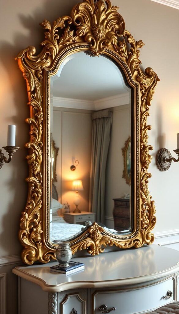 A stunning ornate vintage mirror with an exquisitely carved giltwood frame, adorned with intricate floral and leaf motifs that catch the light and cast a warm, inviting glow. The mirror's surface reflects the surrounding decor, creating a captivating sense of depth and dimension. Placed atop a delicate antique vanity, this magnificent mirror serves as the centerpiece of a timeless, elegant bedroom, evoking a sense of refined sophistication. Soft, diffused lighting from sconces on either side casts a gentle, romantic ambiance, while the mirror's ornate frame stands as a testament to the beauty of vintage craftsmanship.