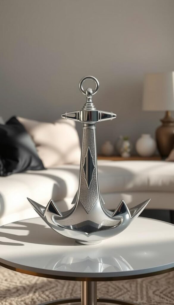 A stunning silver anchor centerpiece adorns a serene living room. The anchor's sleek, reflective form casts captivating shadows across the space. Soft, even lighting highlights the anchor's intricate detailing and textured surface, creating a sense of elegant sophistication. The anchor is positioned on a simple, uncluttered side table, allowing it to take center stage as a striking focal point. Surrounding the anchor are subtle, complementary decor elements in muted tones, creating a harmonious, refined ambiance. The overall composition conveys a sense of tranquility and understated luxury, perfectly capturing the essence of a silver statement piece anchoring the living room. A stunning silver anchor centerpiece adorns a serene living room. The anchor's sleek, reflective form casts captivating shadows across the space. Soft, even lighting highlights the anchor's intricate detailing and textured surface, creating a sense of elegant sophistication. The anchor is positioned on a simple, uncluttered side table, allowing it to take center stage as a striking focal point. Surrounding the anchor are subtle, complementary decor elements in muted tones, creating a harmonious, refined ambiance. The overall composition conveys a sense of tranquility and understated luxury, perfectly capturing the essence of a silver statement piece anchoring the living room.
