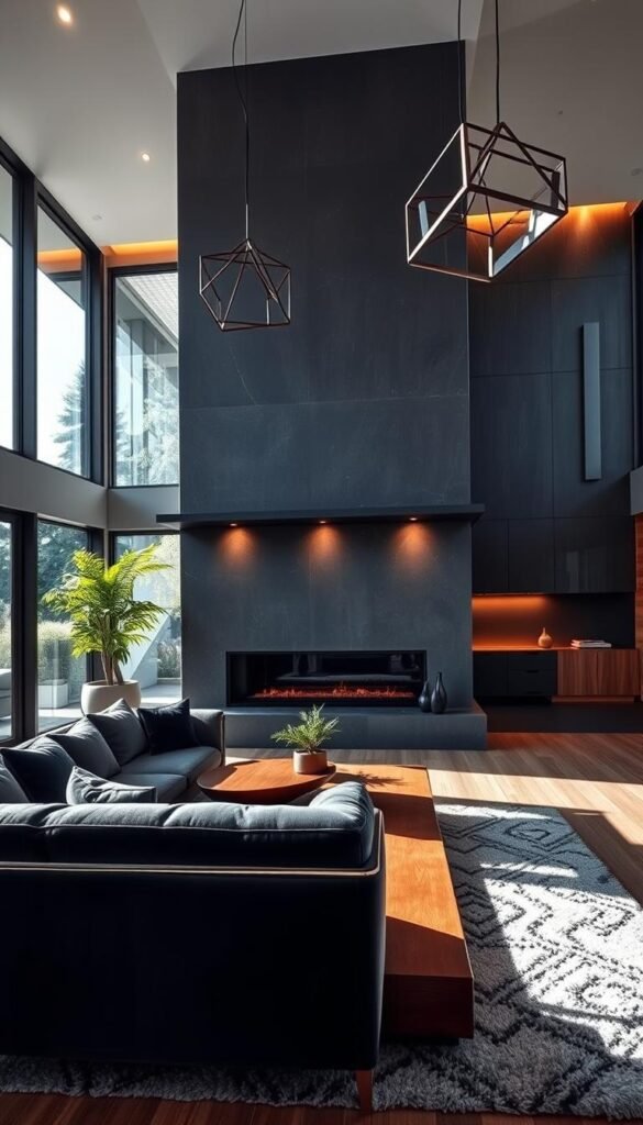 A stunningly modern living room with a focal point that commands attention. A large, statement fireplace with a sleek, minimalist design in dark gray stone dominates the space, illuminated by warm, recessed lighting that casts a cozy glow. In the foreground, a plush, oversized sofa in a rich, jewel-toned velvet fabric invites relaxation, complemented by a low, angular coffee table in polished wood. The room is bathed in natural light streaming through floor-to-ceiling windows, creating a serene, airy atmosphere. Textural elements, such as a shag rug and a hanging plant, add depth and visual interest, while a pair of modern, geometric pendant lights above the coffee table provide a subtle, sculptural accent.