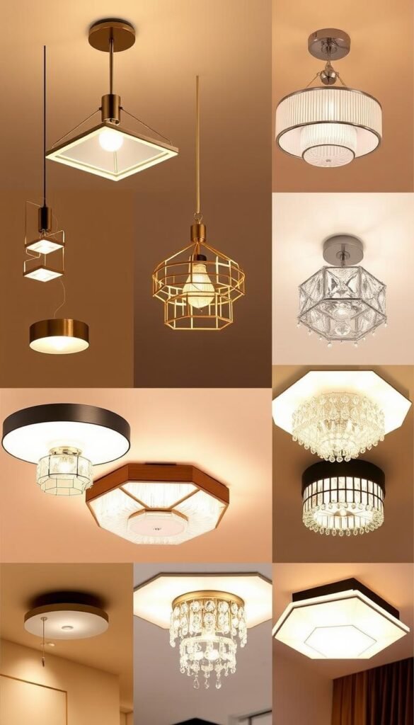A stylish array of modern ceiling light fixtures, showcasing a variety of popular designs. Sleek and minimalist pendant lamps with geometric shapes and metallic accents hover over a warm, softly lit living room setting. Alongside these, classic crystal chandeliers and contemporary flush-mount lights with angular shades create a harmonious, well-lit atmosphere that complements the room's decor. The lighting plays with shadows, casting gentle illumination that enhances the ambiance. A diverse selection of ceiling light styles, all aesthetically pleasing and tailored to different interior design preferences.