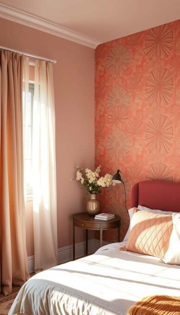 A stylish, earthy bedroom with vibrant statement wallpaper patterns. Soft, muted tones of pink, terracotta, and beige create a warm, inviting atmosphere. Intricate, textured designs in the wallpaper seamlessly blend organic motifs with abstract geometric shapes, elevating the space. Subtle shadows and highlights accentuate the depth and dimension of the patterns, while natural light filters through sheer curtains, casting a gentle glow. The wallpaper takes center stage, commanding attention and setting the tone for the entire room's decor.
