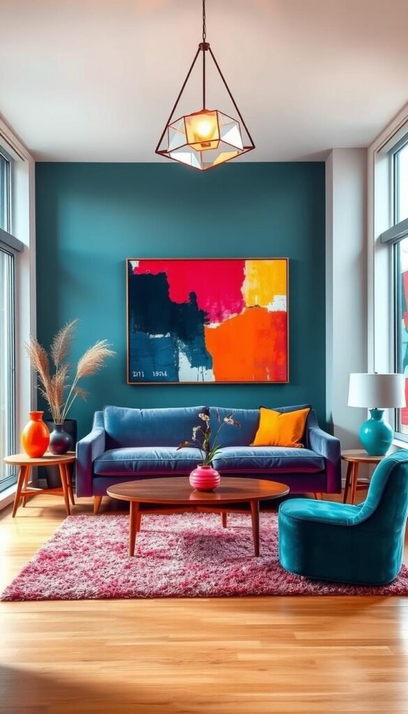A stylish mid-century modern living room filled with vibrant color accents. In the foreground, a plush velvet sofa in a bold hue, flanked by minimalist wooden end tables with vivid ceramic vases. Suspended above, a sleek angular chandelier casts a warm glow. In the middle ground, a shag area rug in a contrasting bright color grounds the space. Along the walls, framed abstract art in a palette of rich, saturated tones. Large windows allow natural light to flood the room, illuminating the dynamic interplay of colors. The overall atmosphere is one of refined elegance and contemporary flair, perfectly suited for a small urban apartment.