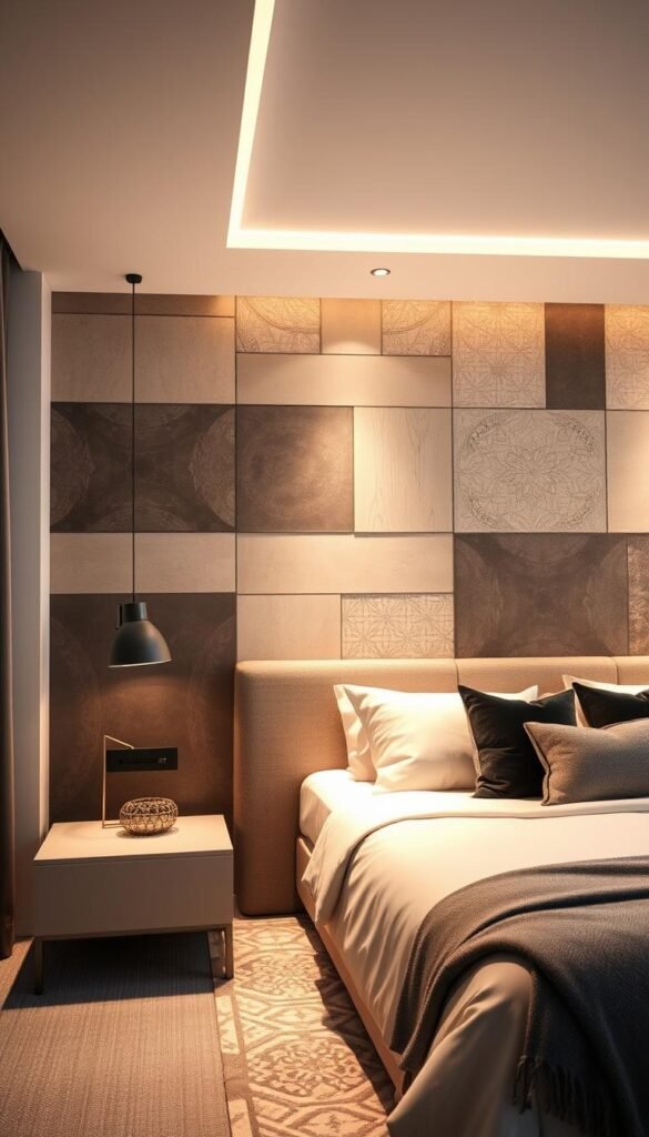 A stylish, well-lit bedroom showcasing an accent wall with a modern, textured design. The wall features a mix of geometric patterns, muted tones, and subtle metallic accents, creating a visually striking and visually appealing focal point. The lighting is soft and diffused, casting a warm, cozy glow across the space. The camera angle captures the wall at a slight angle, emphasizing its depth and dimension. The overall atmosphere is elegant, refined, and inspirational, perfectly suited to transform a flat, boring wall into a fabulous, Pinterest-worthy feature.