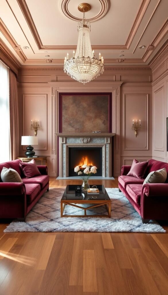 A sumptuous living room exuding refined elegance. Plush velvet sofas in a rich burgundy hue, accented with silky throw pillows in muted tones. The walls feature intricate molding and a grand fireplace mantel, with a sprawling marble hearth. Overhead, a sparkling crystal chandelier casts a warm, ambient glow. Lush, textured area rugs in a subtle geometric pattern anchor the space, with gleaming hardwood floors extending outward. Soft, filtered light filters through sheer draperies, creating a sense of tranquility and sophistication. Ornate metallic accents, such as a polished brass coffee table and sconces, add a touch of opulence. This is a harmonious blend of classic and contemporary design, inviting one to sink into the sumptuous surroundings.