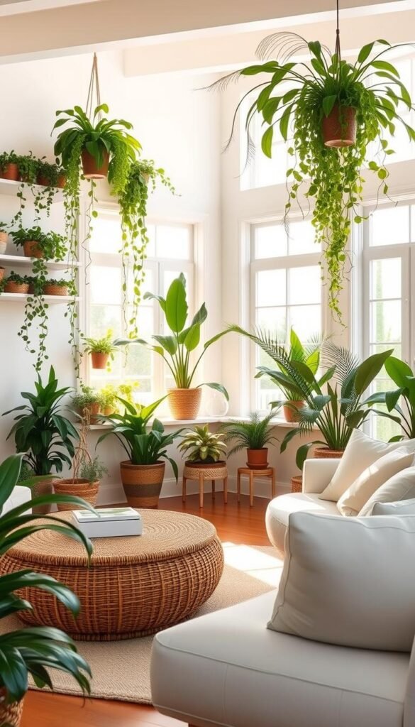 A sun-dappled coastal living room, brimming with vibrant greenery. Lush potted plants and trailing vines cascade from shelves and windowsills, their verdant hues contrasting against crisp white walls. In the foreground, a woven rattan coffee table is flanked by plush, neutral-toned seating, inviting relaxation. Warm natural light filters through large, airy windows, casting a soft, golden glow over the space. Delicate, wispy fronds of tropical foliage sway gently, lending an air of tranquility. This serene, nature-inspired sanctuary evokes the calming essence of modern coastal living.