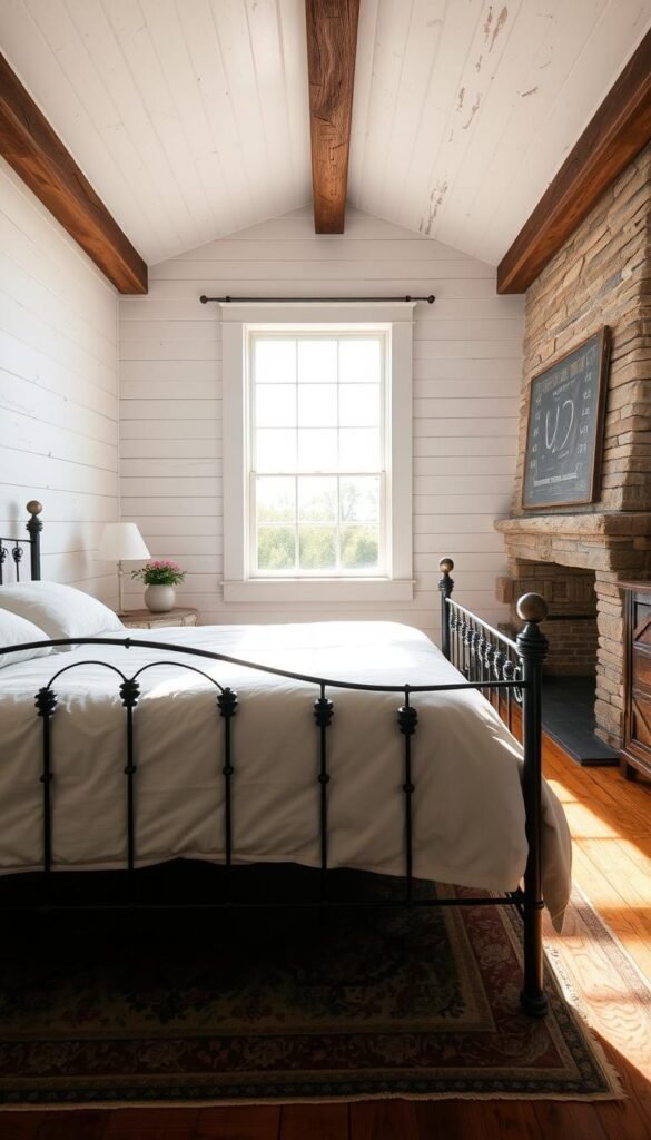 A sun-dappled farmhouse bedroom, its rustic architectural details on full display. In the foreground, a wrought-iron bed frame with plush linen bedding. Centered above, a large sash window floods the space with warm, natural light. The middle ground reveals distressed hardwood floors, complemented by a vintage area rug. On the walls, whitewashed shiplap paneling accentuates the room's charming character. In the background, a stone fireplace mantel anchors the scene, its weathered timbers adding to the refined, yet cozy ambiance. Minimal yet impactful decor, like a wooden side table and antique lamp, complete the tranquil, farmhouse-inspired aesthetic.