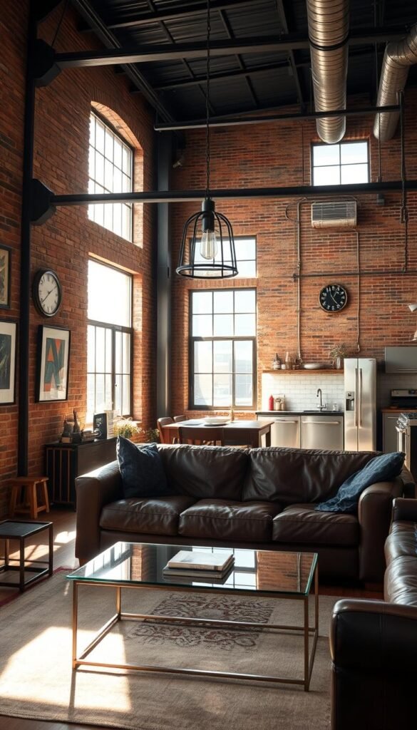 A sun-dappled industrial living room with exposed brick walls, metal beams, and oversized windows. In the foreground, a worn leather sofa and a glass-top coffee table with a minimalist metal frame. On the walls, a collection of framed abstract art and a vintage wall clock. The middle ground features a pendant light with an industrial-style cage, casting warm light across the space. In the background, a glimpse of a kitchen with stainless steel appliances and a subway tile backsplash. The overall atmosphere is one of laid-back sophistication, blending modern and vintage elements for a stylish, loft-like aesthetic.
