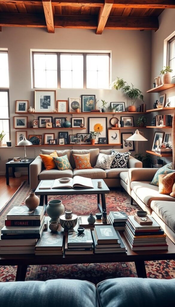 A sun-dappled modern eclectic living room with a visually compelling display of curated objects. In the foreground, a low mid-century-inspired coffee table showcases an eclectic mix of books, ceramics, and small decorative pieces. The middle ground features a plush sectional sofa with colorful throw pillows and a statement area rug. Surrounding the seating area, floating shelves display an array of framed artwork, potted plants, and unique knickknacks, creating visual interest. Warm, natural light filters through large windows, casting a soft glow and highlighting the diverse textures and colors. The overall atmosphere evokes a sense of personality, creativity, and a passion for collecting meaningful items.
