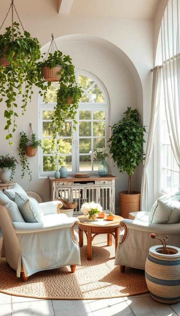 A sun-dappled summer sanctuary, soft blue hues and natural textures create a serene haven. Plush linen armchairs and a weathered wooden coffee table sit atop a woven jute rug, inviting relaxation. Trailing vines cascade from hanging baskets, framing an arched window that floods the space with golden light. Delicate floral arrangements adorn a rustic console table, while a large potted plant stands tall in the corner. Gentle breezes flutter sheer curtains, as the tranquil melody of birdsong drifts in. This calming oasis, shot with a wide-angle lens, exudes an atmosphere of quiet contemplation and restorative calm.