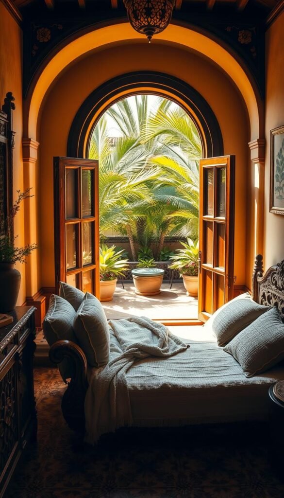 A sun-drenched Mediterranean oasis bedroom, with intricate carved wood furniture and plush, textured linens in earthy tones. The large, arched window frames a lush, verdant courtyard garden, filled with swaying palms and fragrant jasmine. Warm, ambient lighting casts a golden glow, creating an atmosphere of serene tranquility. The ornately tiled floor leads the eye to a cozy, oversized daybed, adorned with fluffy pillows and a soft, woven blanket. Intricate, hand-painted wall tiles in shades of azure and terracotta complement the rustic, yet refined décor. A sense of timeless elegance pervades the space, inviting one to unwind and embrace the essence of the Mediterranean.