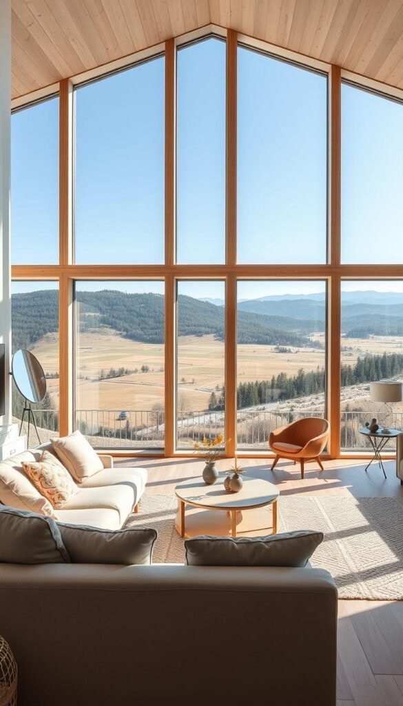 A sun-drenched Scandinavian living room with an expansive floor-to-ceiling window framing a picturesque landscape. The space is minimalist yet inviting, with clean lines, light wood tones, and plush, neutral-colored furnishings. Strategically placed mirrors and reflective surfaces amplify the natural illumination, creating an airy, luminous atmosphere. Soft, diffused lighting from discreet fixtures casts a warm glow, complementing the natural daylight. The overall design celebrates simplicity, functionality, and a harmonious connection with the outdoors, embodying the essence of modern Scandinavian elegance.