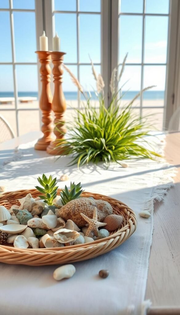 A sun-drenched beachside table adorned with a scattering of delicate seashells, driftwood fragments, and a vibrant array of coastal flora. In the foreground, a woven rattan tray holds an assortment of sea glass, coral fragments, and a single dazzling starfish. Slightly behind, a pair of carved wooden candlesticks flank a crisp white linen runner, its edges gently frayed. In the middle ground, a cluster of lush succulents and wispy grasses spill over the table's edge, their verdant hues complementing the azure sky visible through large windows. Lighting is soft and diffused, casting a warm, golden glow over the entire scene, evoking a sense of tranquil seaside living.