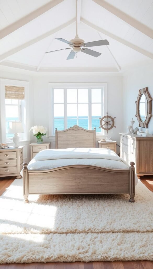 A sun-drenched coastal bedroom with an airy, serene ambiance. In the foreground, an elegant bed frame with a driftwood-inspired finish sits atop a plush, ivory-colored area rug. Flanking the bed, two nightstands with subtle maritime details like rope handles and weathered wood tones. In the middle ground, a sizable dresser in a complementary coastal style, its drawers adorned with seashell-inspired knobs. The background features a large window overlooking a picturesque ocean view, allowing natural light to flood the space and create a warm, inviting atmosphere. Subtle coastal accents, such as a driftwood mirror or a decorative ship's wheel, complete the tranquil, vacation-inspired aesthetic. A sun-drenched coastal bedroom with an airy, serene ambiance. In the foreground, an elegant bed frame with a driftwood-inspired finish sits atop a plush, ivory-colored area rug. Flanking the bed, two nightstands with subtle maritime details like rope handles and weathered wood tones. In the middle ground, a sizable dresser in a complementary coastal style, its drawers adorned with seashell-inspired knobs. The background features a large window overlooking a picturesque ocean view, allowing natural light to flood the space and create a warm, inviting atmosphere. Subtle coastal accents, such as a driftwood mirror or a decorative ship's wheel, complete the tranquil, vacation-inspired aesthetic.