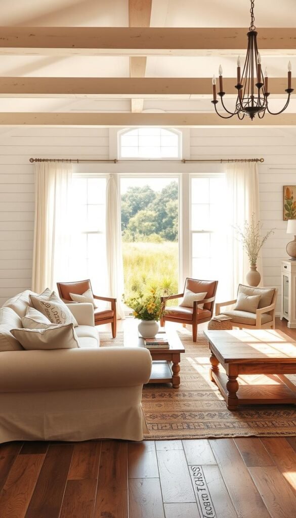 A sun-drenched coastal farmhouse living room, bathed in warm natural light. In the foreground, a plush, slipcovered sofa in a soft, muted tone invites relaxation. Scuffed wood floors and a vintage rag rug underfoot create a rustic, lived-in charm. Accent chairs with distressed leather upholstery flank a weathered wooden coffee table, complementing the slipcovered piece. The middle ground features a large window overlooking a lush, verdant landscape, framed by sheer white curtains billowing in a gentle breeze. In the background, whitewashed shiplap walls and exposed beams lend a modern farmhouse aesthetic, while simple botanical wall decor and a statement chandelier add refined elegance to the space. A sun-drenched coastal farmhouse living room, bathed in warm natural light. In the foreground, a plush, slipcovered sofa in a soft, muted tone invites relaxation. Scuffed wood floors and a vintage rag rug underfoot create a rustic, lived-in charm. Accent chairs with distressed leather upholstery flank a weathered wooden coffee table, complementing the slipcovered piece. The middle ground features a large window overlooking a lush, verdant landscape, framed by sheer white curtains billowing in a gentle breeze. In the background, whitewashed shiplap walls and exposed beams lend a modern farmhouse aesthetic, while simple botanical wall decor and a statement chandelier add refined elegance to the space.