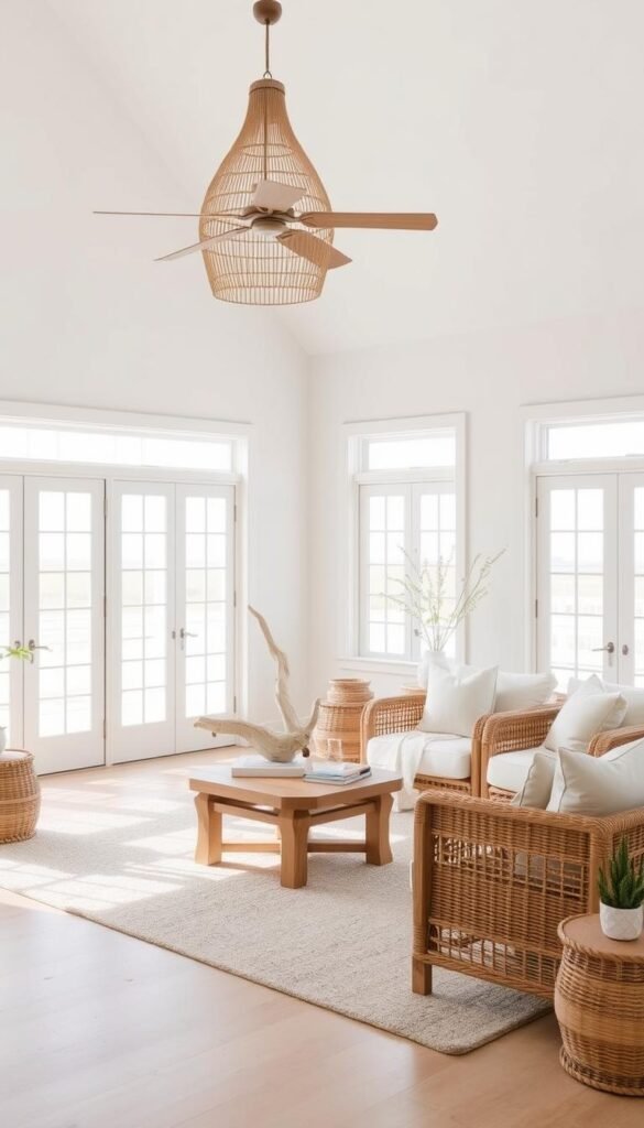 A sun-drenched coastal farmhouse living room, with a decluttered, airy aesthetic. Soft, natural light pours in through large windows, illuminating a minimalist space devoid of clutter. A neutral color palette of whites, grays, and light wood tones creates a calming atmosphere. Organic textures like linen, wicker, and reclaimed wood furnishings anchor the room, while carefully curated decor pieces, such as a driftwood sculpture and potted plants, add subtle touches of coastal charm. The overall impression is one of serene simplicity, where every element contributes to a harmonious, rejuvenating ambiance. A sun-drenched coastal farmhouse living room, with a decluttered, airy aesthetic. Soft, natural light pours in through large windows, illuminating a minimalist space devoid of clutter. A neutral color palette of whites, grays, and light wood tones creates a calming atmosphere. Organic textures like linen, wicker, and reclaimed wood furnishings anchor the room, while carefully curated decor pieces, such as a driftwood sculpture and potted plants, add subtle touches of coastal charm. The overall impression is one of serene simplicity, where every element contributes to a harmonious, rejuvenating ambiance.