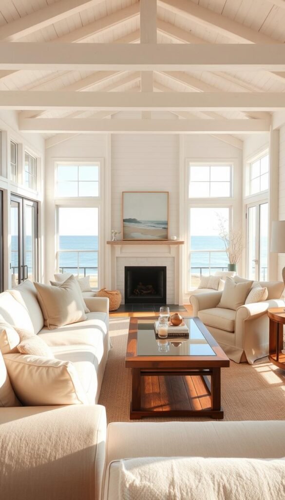 A sun-drenched coastal living room filled with plush, neutral-toned furniture. In the foreground, a large, cozy sofa and armchair upholstered in soft, airy linen. Beige and white throw pillows add textural contrast. In the middle ground, a wooden coffee table with a glass top reflects the natural light streaming in from large windows overlooking the ocean. The background features a whitewashed, beamed ceiling and walls, with a minimalist coastal-inspired piece of art hanging above the fireplace. Soft, diffused lighting casts a warm, inviting glow throughout the space, creating a serene, rejuvenating atmosphere. A sun-drenched coastal living room filled with plush, neutral-toned furniture. In the foreground, a large, cozy sofa and armchair upholstered in soft, airy linen. Beige and white throw pillows add textural contrast. In the middle ground, a wooden coffee table with a glass top reflects the natural light streaming in from large windows overlooking the ocean. The background features a whitewashed, beamed ceiling and walls, with a minimalist coastal-inspired piece of art hanging above the fireplace. Soft, diffused lighting casts a warm, inviting glow throughout the space, creating a serene, rejuvenating atmosphere.