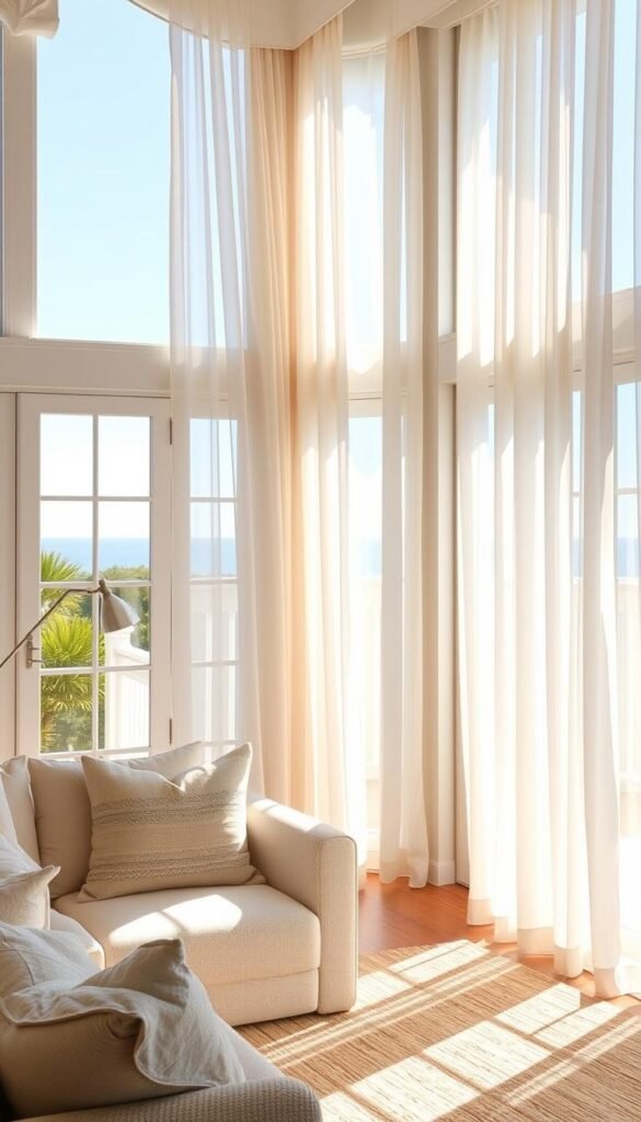 A sun-drenched coastal living room with large windows and flowing white curtains billowing in a gentle breeze. The room is bathed in warm natural light, creating a serene and airy atmosphere. The curtains are made of lightweight, sheer fabric that filters the sunlight, casting a soft, diffused glow throughout the space. The arrangement of the curtains allows for maximum light exposure, while still providing privacy and a sense of coziness. The room is decorated with natural textures and neutral tones, complementing the bright, breezy ambiance. A plush, comfortable seating arrangement invites relaxation, while the overall design emphasizes the harmony between indoor and outdoor living.