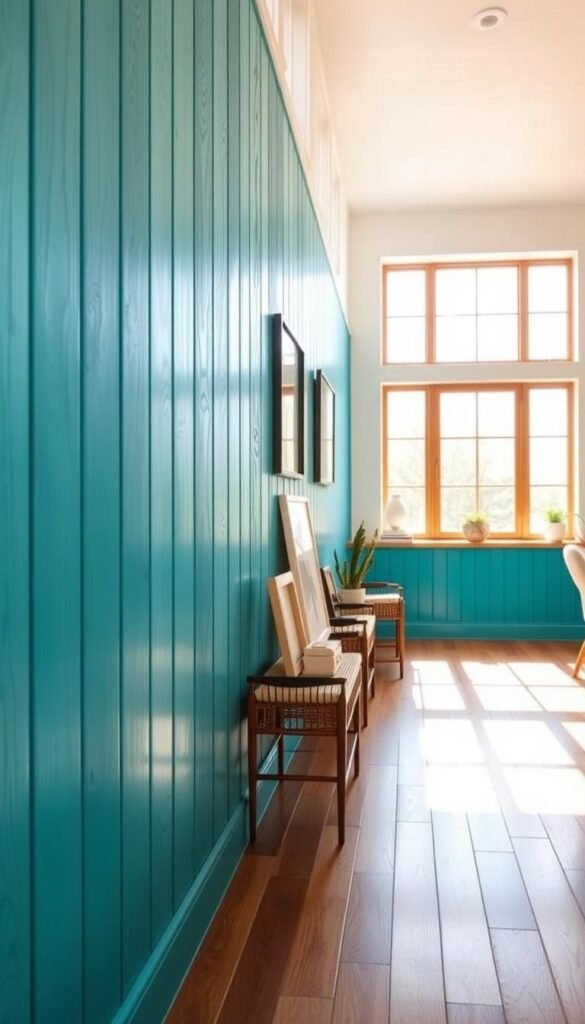 A sun-drenched interior featuring a feature wall of expertly crafted wood paneling. The planks shine with a fresh coat of vibrant turquoise paint, adding a modern twist to the classic design. Warm natural light spills in through large windows, casting a soft glow across the textured surface. The paneling seamlessly transitions from the foreground to the middle ground, where a harmonious arrangement of framed artwork and minimalist decor complements the transformed wall. In the background, a neutral-toned hardwood floor and clean white walls provide a clean, airy backdrop, allowing the painted paneling to take center stage as the room's stunning focal point.