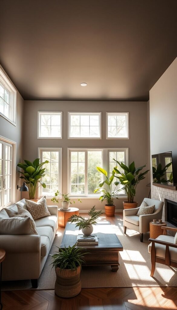 A sun-drenched living room with a striking, saturated neutral painted ceiling. The ceiling is a deep, earthy charcoal grey that casts a warm, enveloping glow over the space. Soft natural light streams in through large windows, creating a serene and tranquil atmosphere. The room is furnished with plush, neutral-toned furniture - a beige linen sofa, a pair of ivory armchairs, and a rustic wood coffee table. Lush, verdant houseplants add pops of vibrant greenery, complementing the neutral palette. The overall effect is one of understated elegance and modern sophistication, with the painted ceiling as the captivating focal point.