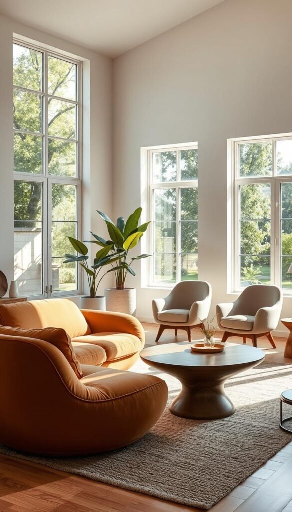 A sun-drenched living room with organically shaped furniture. In the foreground, a sinuous sofa in warm, earthy tones nestles on a plush area rug. Beside it, an asymmetrical coffee table with a sculptural base crafted from smooth, curved wood. In the middle ground, two armchairs with gentle, flowing lines invite relaxation. Large windows flood the space with natural light, casting soft shadows that accentuate the organic forms. The background features lush potted plants and minimalist decor, creating a serene, nature-inspired ambiance.