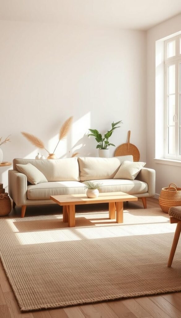 A sun-drenched, minimalist living room with a curated selection of earthy, organic decor. In the foreground, a plush, oatmeal-colored sofa stands as the focal point, complemented by a low, natural wood coffee table. The middle ground features a large, textured rug in neutral tones, anchoring the space. Gentle, diffused lighting streams in through large windows, illuminating the earthy accents - a potted plant, a woven basket, and a few carefully placed decorative objects. The background seamlessly blends into a neutral, whitewashed wall, allowing the carefully chosen furnishings and decor to take center stage. This harmonious, inviting scene evokes a sense of natural, understated elegance. A sun-drenched, minimalist living room with a curated selection of earthy, organic decor. In the foreground, a plush, oatmeal-colored sofa stands as the focal point, complemented by a low, natural wood coffee table. The middle ground features a large, textured rug in neutral tones, anchoring the space. Gentle, diffused lighting streams in through large windows, illuminating the earthy accents - a potted plant, a woven basket, and a few carefully placed decorative objects. The background seamlessly blends into a neutral, whitewashed wall, allowing the carefully chosen furnishings and decor to take center stage. This harmonious, inviting scene evokes a sense of natural, understated elegance.
