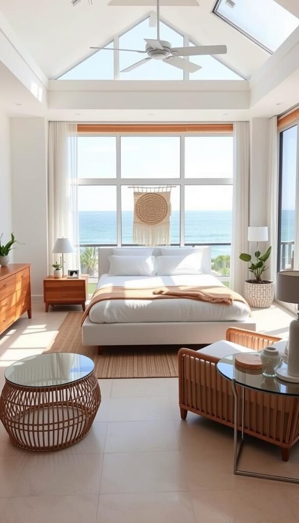 A sun-drenched modern coastal bedroom, the perfect balance of serene and stylish. A crisp white platform bed with plush linens and warm wood accents takes center stage, framed by large windows offering breathtaking ocean views. Minimalist nightstands and a wooden dresser complete the muted palette. Soft natural light filters through sheer curtains, creating a tranquil ambiance. Accent pieces like a woven wall hanging and potted plants add organic texture, while a subtly tiled floor in neutral tones grounds the space. An oversized rattan armchair invites relaxation, while a sleek glass-topped side table with a coastal-inspired lamp provides a stylish finishing touch. The overall effect is a serene, rejuvenating retreat that captures the essence of modern coastal living. A sun-drenched modern coastal bedroom, the perfect balance of serene and stylish. A crisp white platform bed with plush linens and warm wood accents takes center stage, framed by large windows offering breathtaking ocean views. Minimalist nightstands and a wooden dresser complete the muted palette. Soft natural light filters through sheer curtains, creating a tranquil ambiance. Accent pieces like a woven wall hanging and potted plants add organic texture, while a subtly tiled floor in neutral tones grounds the space. An oversized rattan armchair invites relaxation, while a sleek glass-topped side table with a coastal-inspired lamp provides a stylish finishing touch. The overall effect is a serene, rejuvenating retreat that captures the essence of modern coastal living.