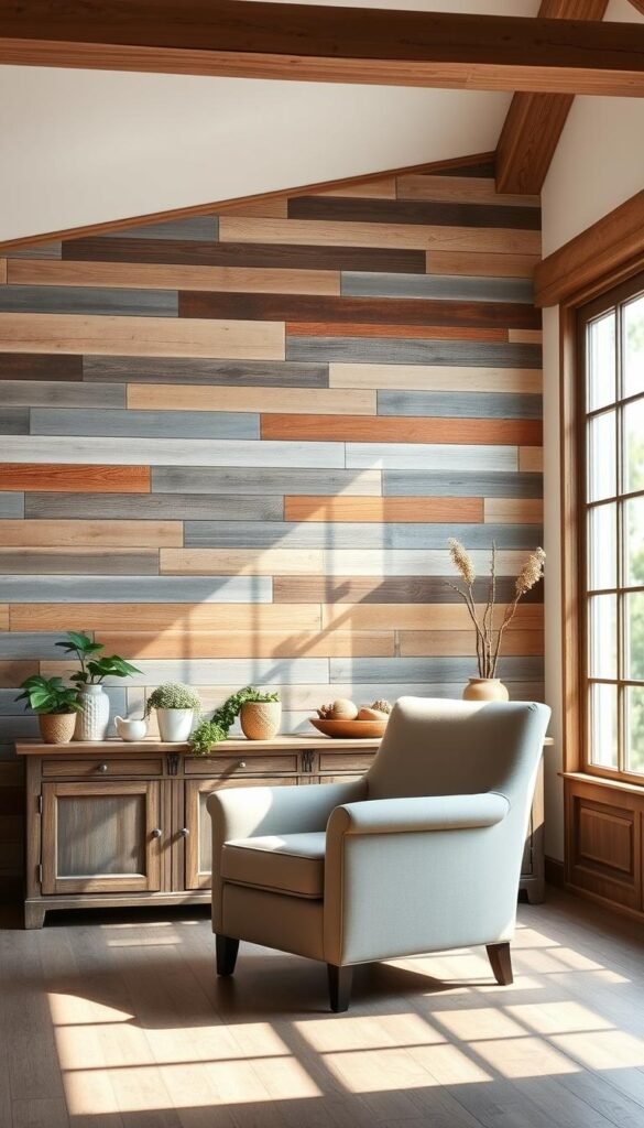 A sun-drenched rustic farmhouse interior, showcasing a focal wall composed of reclaimed wood planks in varying tones of weathered gray and warm brown. The wood panels are complemented by a vintage-inspired sideboard or console table, its surface adorned with a collection of potted greenery and natural décor elements. Soft natural light filters through large windows, casting a gentle glow on the scene. In the foreground, a cozy yet stylish armchair or loveseat upholstered in a neutral fabric invites relaxation, seamlessly blending comfort and authenticity. The overall atmosphere exudes a sense of timeless charm and harmonious integration of natural materials.