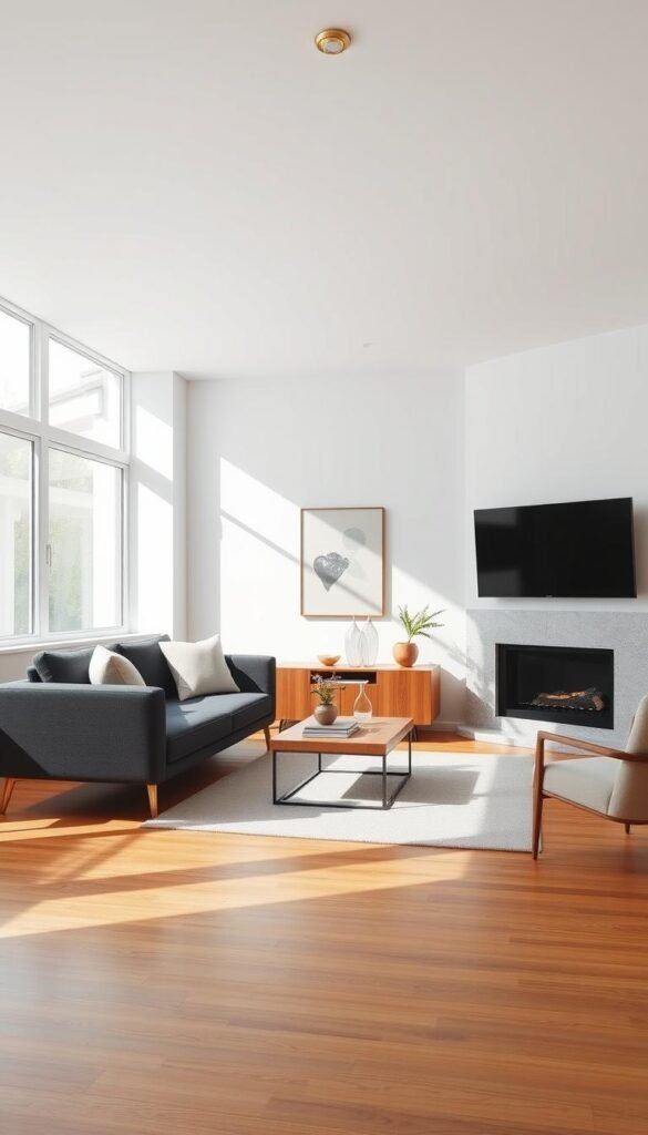 A sun-drenched, sophisticated minimalist living room, featuring a low-profile, sleek charcoal gray sofa with plush cream throw pillows. Crisp white walls create a calming, airy backdrop, while a large picture window floods the space with natural light. A floating wood-grain media console grounds the room, topped with a single potted plant and a pair of abstract glass sculptures. Warm hardwood floors, accented by a neutral-toned area rug, lead the eye to a modern fireplace with a minimalist stone surround. Overhead, a minimalist brass pendant light casts a soft glow, complementing the overall atmosphere of understated elegance and refined simplicity.